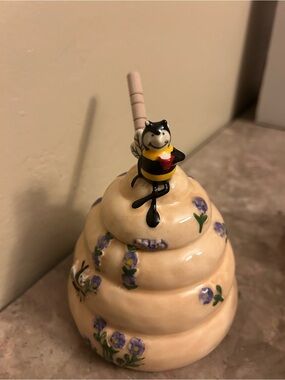 Blue Sky Cream Ceramic Bee Honey Pot with Purple Floral Accents